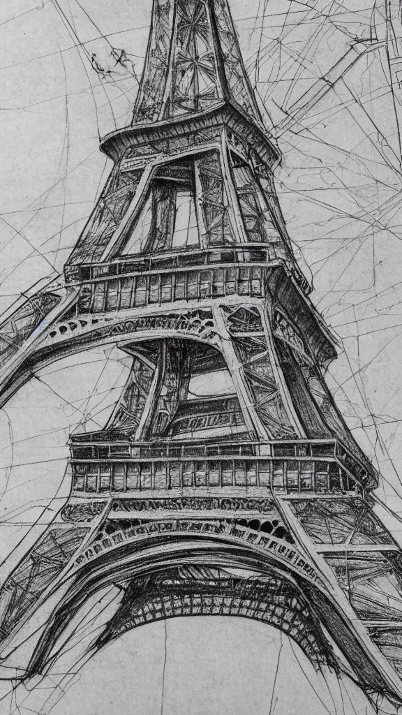 Prompt: architectural design studies of Eiffel tower, schematics, notes, different closeup view, drawn by Leonardo da Vinci, chinese inkpen draw, artistic, intricated details