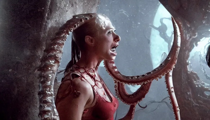 Image similar to Big budget horror movie, a woman watches in horror as a cyborg fights a giant squid