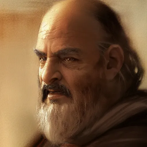 Prompt: portrait of a man by Greg Rutkowski, a Jedi Master in his 60s, Arab features and olive skin, long black hair and beard, wise appearance, orange robes, Star Wars Expanded Universe, he is about 60 years old, highly detailed portrait, digital painting, artstation, concept art, smooth, sharp foccus ilustration, Artstation HQ