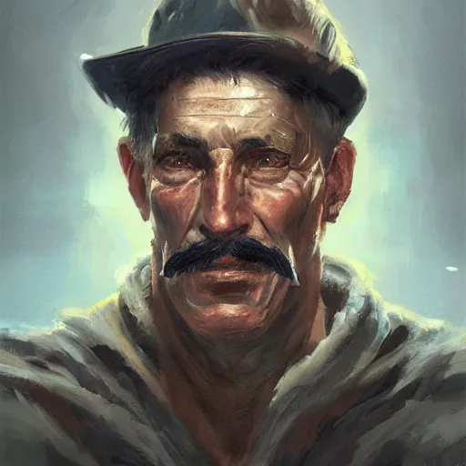 Image similar to portrait old warrior with trucker mustache, 8 k, trending on art station, by tooth wu and greg rutkowski