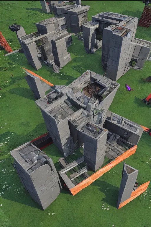 Image similar to building a base in valheim, brutalist architecture, in the style of the PC game Valheim