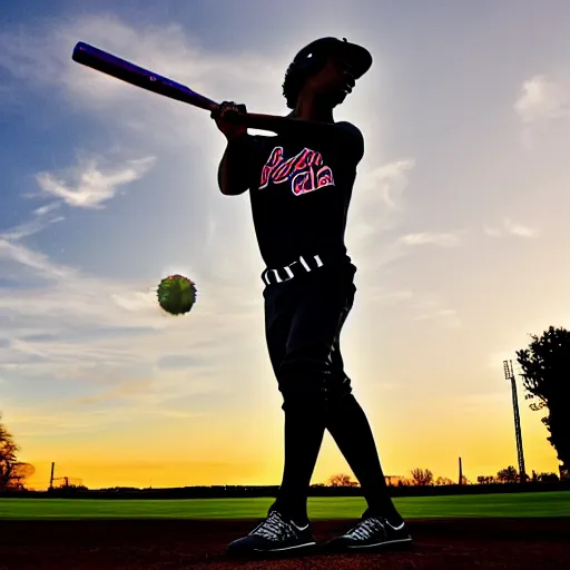 Prompt: playboi carti playing softball, baseball bat, baseball, outside, clear sky, golden hour sunlight, hdr, 4 k, widelens, photograph