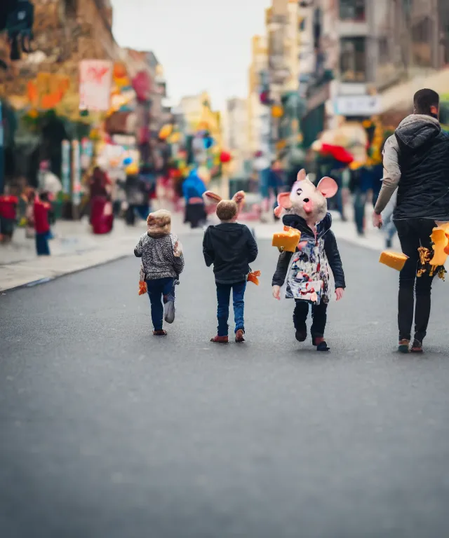 Image similar to high quality presentation photo of cute anthropomorphic mice eating cheese with small people walking around them, photography 4k f1.8 anamorphic bokeh 4k Canon Nikon