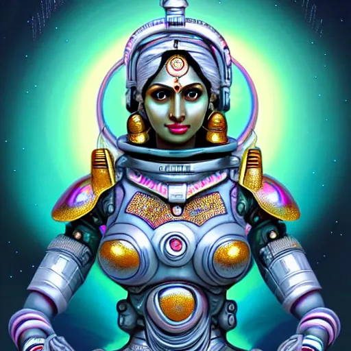 Image similar to Futuristic laxmi Indian Goddess in a robot spacesuit, sci-fi, fantasy, intricate, beautiful, elegant, attractive, indian goddess of wealth, highly detailed, digital painting, artstation, masterpiece, concept art, Four Hands, sitting on a Lotus, smooth, sharp focus, unreal engine 5, WLOP, Octane render, Symmetric, art by artgerm, hajime sorayama, William-Adolphe Bouguereau