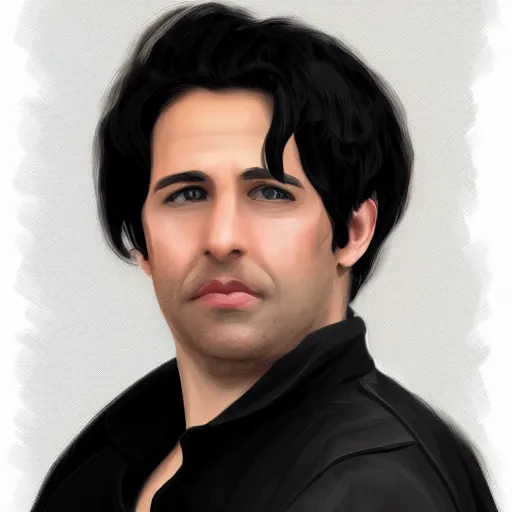 Prompt: a digital portrait of a 37 year old with black hair,hazel green eyes, drawn in the style of mark Arian