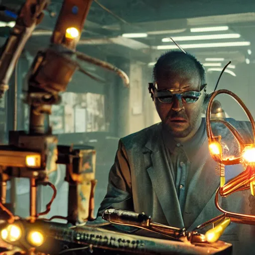 Prompt: balding cyborg professor using jeweller's loupe with orange led light, inspecting complex gun made from rusted metal kitchen utensils, smoking soldering iron, fluorescent lighting, messy workshop, highly detailed, sci - fi, futuristic, movie still from blade runner