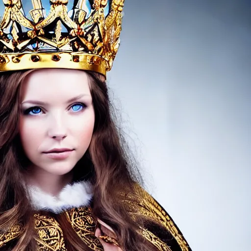 Image similar to photo of a real-life very beautiful nordic princess with an ornate cloak and crown, highly detailed