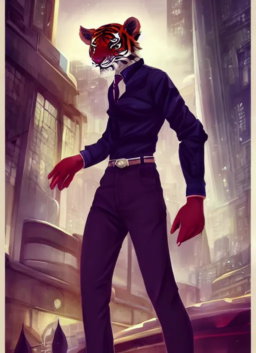 Image similar to character portrait of a male anthro Tiger fursona wearing a dress shirt and slacks in a futuristic city. Character design by charlie bowater, ross tran, artgerm, and makoto shinkai, detailed, inked, western comic book art
