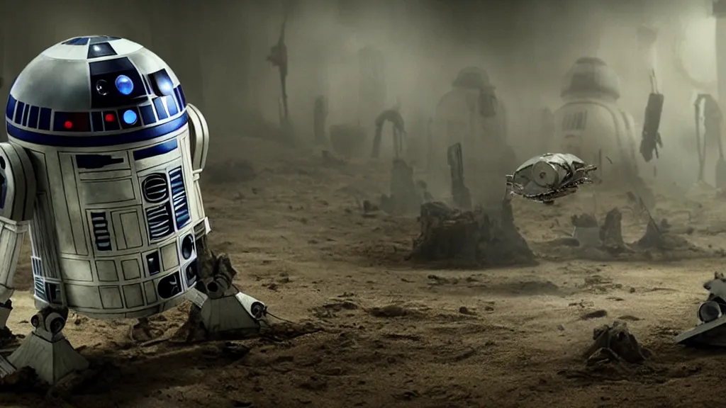 Prompt: r 2 d 2 as an eldritch horror, film still from the movie directed by denis villeneuve with art direction by salvador dali, wide lens