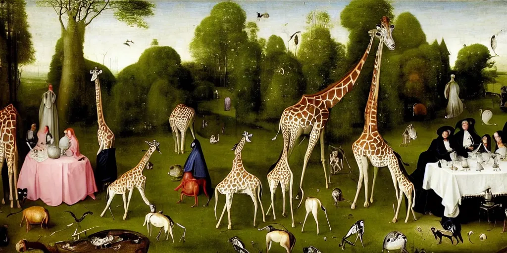 Image similar to elegant victorian tea party with giraffes in an english summer garden patio, hyper realistic hieronymus bosch - h 7 6 8