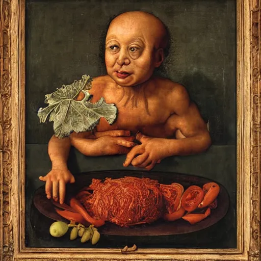 Prompt: a boy sitting in a tub full of tomato sauce, a lot of cabbage, by giuseppe arcimboldo and ambrosius benson, renaissance, portrait, fruit, detailed oil paint, high definition