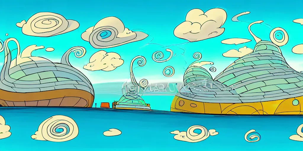 Image similar to chubby spiral shape cartoon concept art, ship port, from lorax movie, black blue green, spiral clouds, sam and max