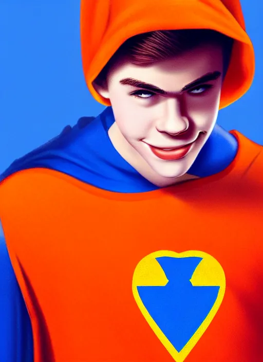 Image similar to friendly teenage archie andrews wearing an orange superhero costume with heart logo, heart, freckles, blue cape, heart emblem on chest, blue cape, intricate, elegant, glowing lights, highly detailed, digital painting, artstation, sharp focus, illustration, art by wlop, mars ravelo and greg rutkowski