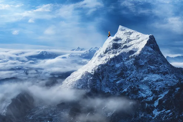 Image similar to taking from above, snowcapped mountain with lots of fog and there was a giant on the top of the mountain. high detail, photorealistic, good lighting, unbelievable.