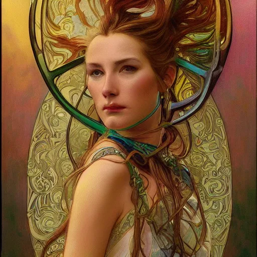 Image similar to a painting in the style of donato giancola, and in the style of ross tran, and in the style of alphonse mucha. smooth, sharp focus, semi - realism, symmetry.