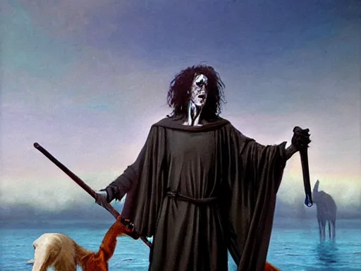 Prompt: The grim robed boatman of the river styx adopts an undead borzoi to be his companion in hades, realistic fantasy artwork, greek mythology, oil painting on matte canvas by James Gurney