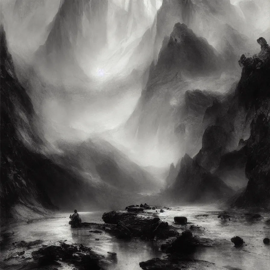 Prompt: artwork titled :'alone in the world ', painted by thomas moran. monochrome.