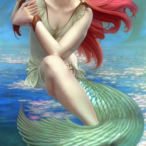 Image similar to Masterpiece painting of a young Sakura Kinomoto from cardcaptor Sakura as a mermaid, drawn by Donato Giancola and Tom Bagshaw face by Artgerm and Edmund Leighton