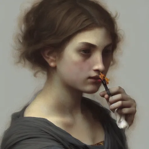 Prompt: Young woman smoking womans face is draped with bones. Digital painting. Art station. Mood lighting. highly detailed, concept art, intricate, sharp focus, art by bouguereau - h 1200