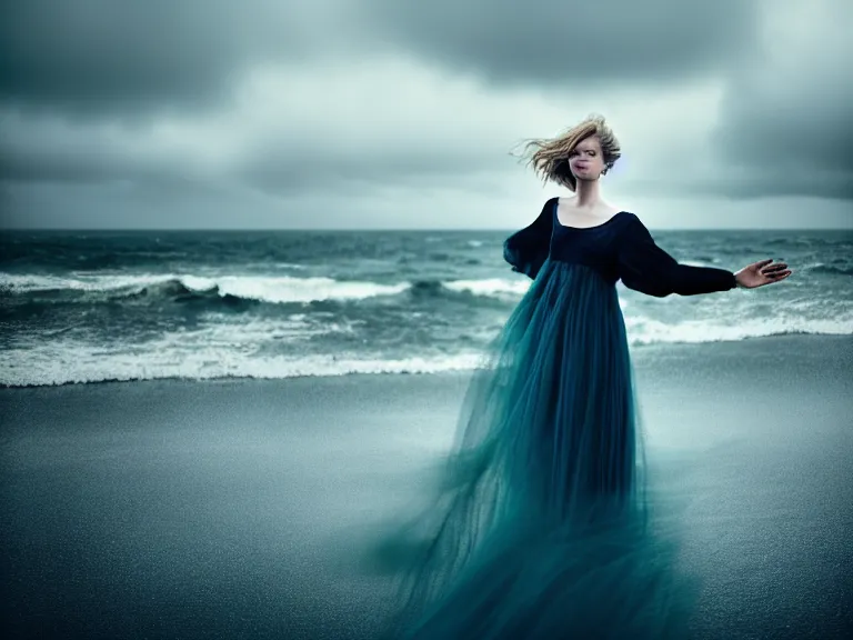 Image similar to cinestill 5 0 d photography portrait of a woman britt marling 3 / 4 style of nicholas fols, 2 0 0 mm, dress in voile, hair like dark clouds, hair floating on air, head in focus, mute dramatic colours, soft blur outdoor stormy sea background, volumetric lighting, hyper detailed, hyper realistic