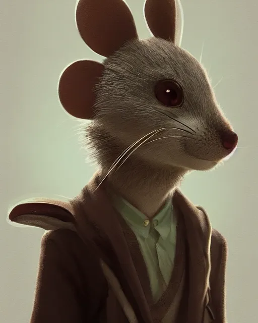 Image similar to a beautiful half body portrait of a cute anthropomorphic humanoid mouse fursona. big eyes. character design by cory loftis, fenghua zhong, ryohei hase, ismail inceoglu and ruan jia. volumetric light, detailed, rendered in octane