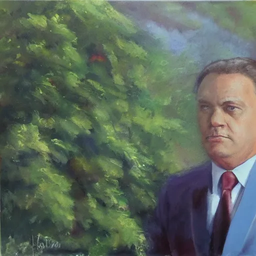 Image similar to viktor orban protecting a tree, oil painting