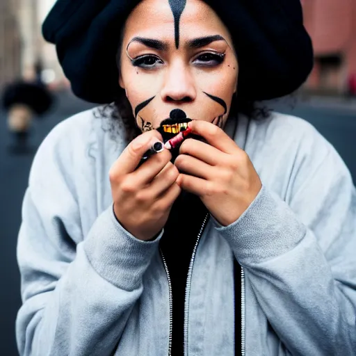 Image similar to photograph portrait of a mixed woman smoking a cigarette, face tattoos, black beanie, black bomber jacket, urban environment, depth of field, 8k, hd, award-winning, 82 mm sigma