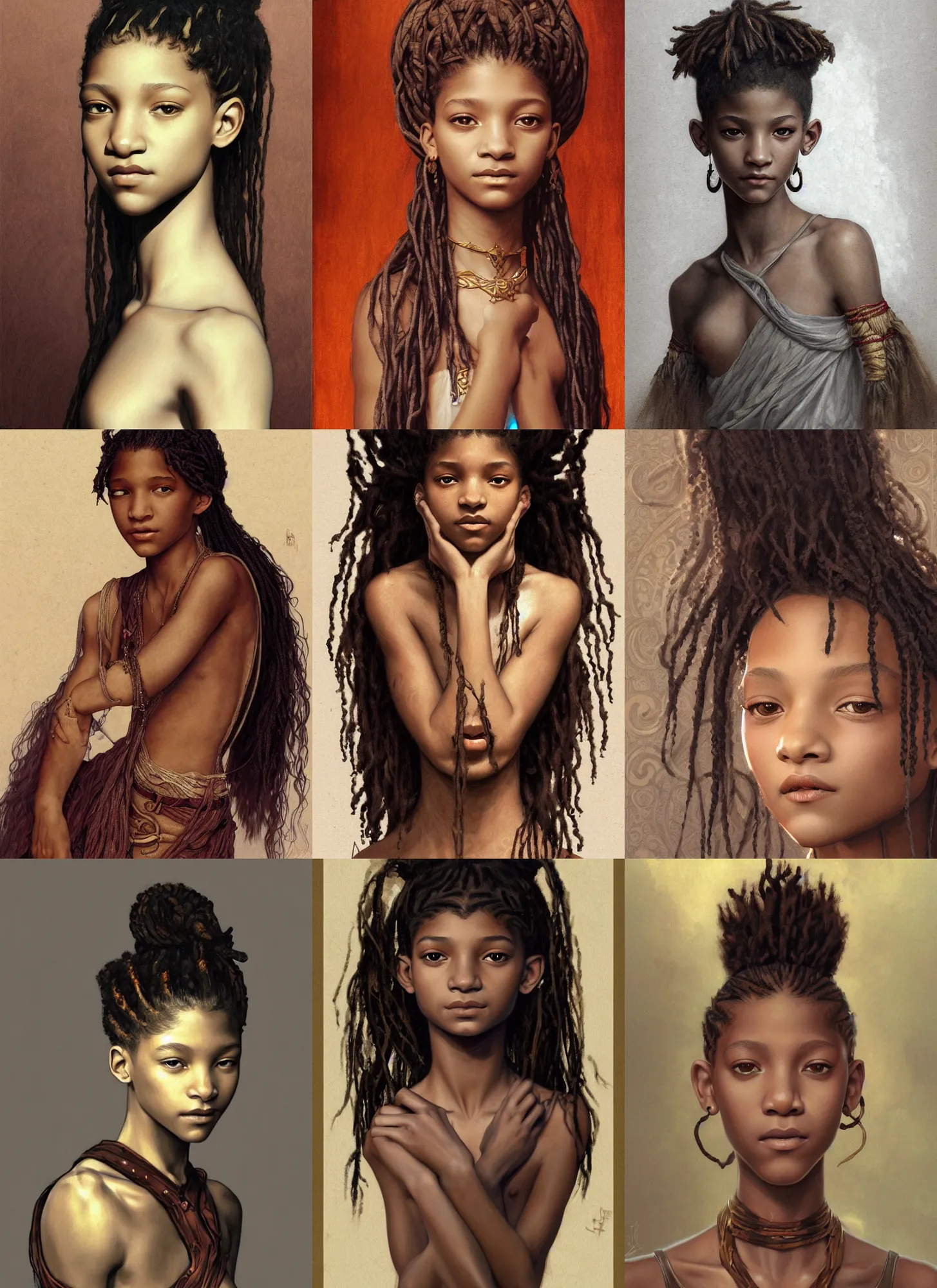 Prompt: willow smith zendaya, portrait, symetrical, ancient libu young girl, smiling, beautiful bone structure, intricate, dark, highly detailed, digital painting, artstation, concept art, smooth, sharp focus, illustration, orientalism, bouguereau, mucha