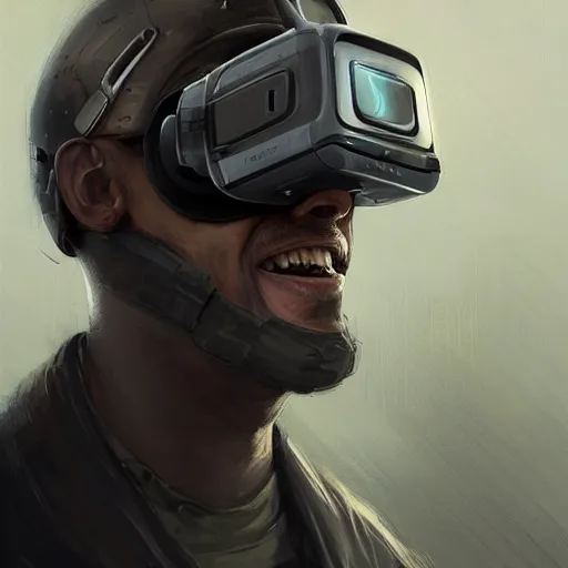 Image similar to Portrait of a man by Greg Rutkowski, symmetrical face, a marine with a helmet, using a VR Headset, Kubric Stare, crooked smile, he's wearing a tacitcal gear, highly detailed portrait, scifi, digital painting, artstation, book cover, cyberpunk, concept art, smooth, sharp foccus ilustration, Artstation HQ