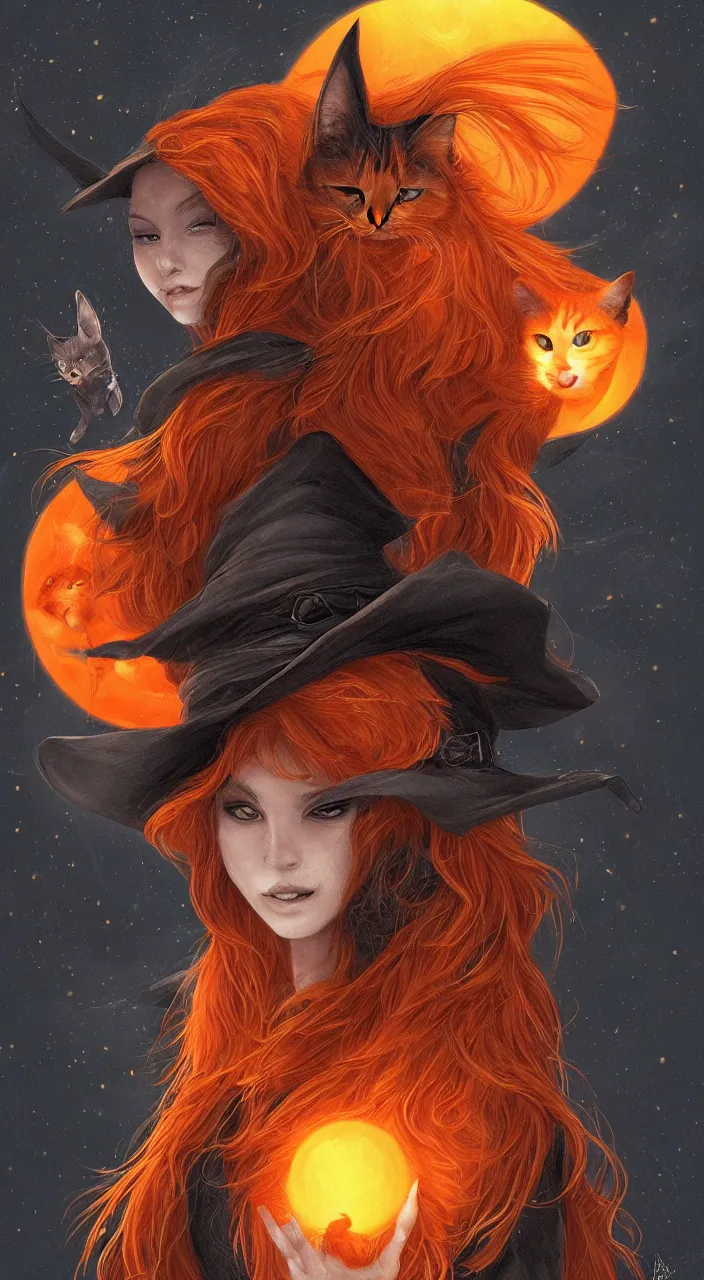 Prompt: elaborately ultradetailed portrait of a gorgeous witch and her orange cat, dreamscape, dramatic lighting, fantasy art illustration, trending on artstation, Aetherpunk,