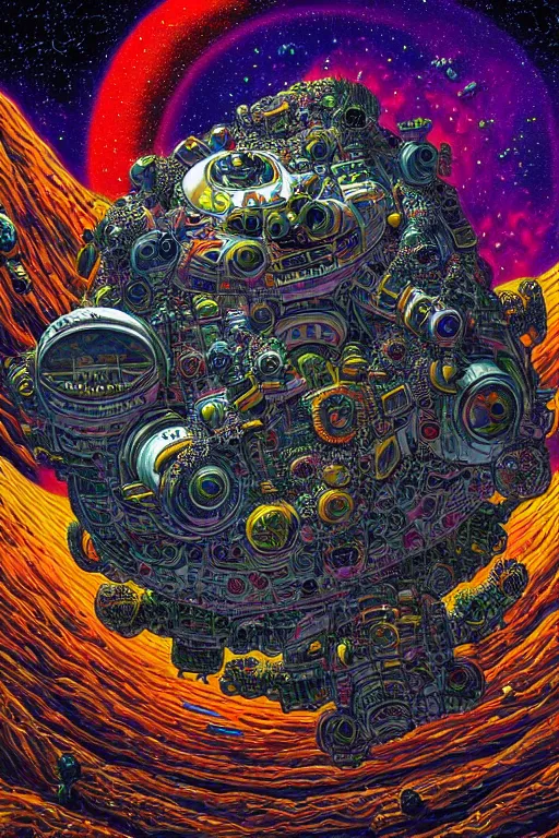 Image similar to maximalist detailed space scene lowbrow scifi artwork by kidsquidy influenced by glenn brown. ray tracing hdr polished sharp