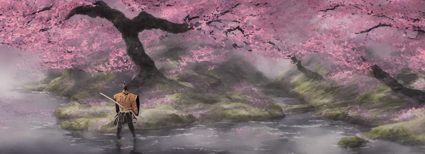 Prompt: A lone samurai watching over a valley of cherry blossom trees, water color painting, concept art, HD