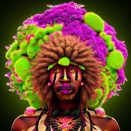 Prompt: an african marijuanna! shaman with an afro made of flowers, third eye art art by machina infinitum, complexity from simplicity, rendered in octane, mandelbulb 3 d, rim lighting, ambient occlusion, macro photography, felt!!! texture, tribal, neon! retrowave