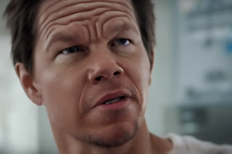 Image similar to mark wahlberg as matt daemon, all faces are distorted contorted, shock, repulsion, disgust, frustration, annoyance, laughter, smirk, snicker, cinematic still, movie still, long lens, shallow depth of field, bokeh, anamorphic lens flare, 8 k