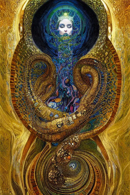 Prompt: Rebirth by Karol Bak, Jean Deville, Gustav Klimt, and Vincent Van Gogh, portrait of a sacred serpent, Surreality, radiant halo, shed iridescent snakeskin, otherworldly, fractal structures, celestial dreamscape, arcane, ornate gilded medieval icon, third eye, spirals