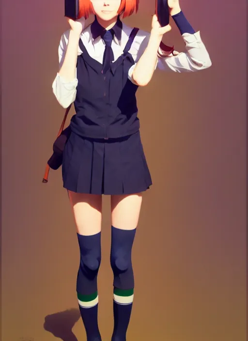 Image similar to full body beautiful and cute and aesthetic school girl greeting, very slightly smiling, wave a hand at the camera, perfect face, symmetric eyes, sharp focus, specular reflection, occlusion shadow, artstation, by ilya kuvshinov and jeremy lipking, light novel cover art, 3 d epic illustrations, symmetric body