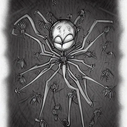 Image similar to surrealism grunge cartoon sketch of a human spider with a wide smile holding flowers by - michael karcz, loony toons style, horror theme, detailed, elegant, intricate