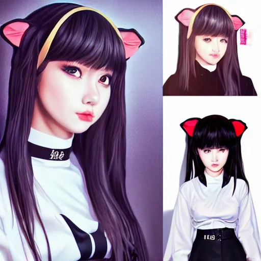 Image similar to realistic detailed semirealism beautiful gorgeous cute Blackpink Lalisa Manoban wearing Japanese school uniform, black hair black cat ears, black leather choker, proportional body, WLOP, Aztodio, Taejune Kim, sakimichan, ArtGerm, Pixiv, Instagram, Artstation