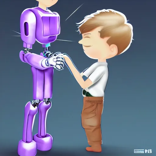 Image similar to A boy holding hands with a female robot, trending on art station science fiction