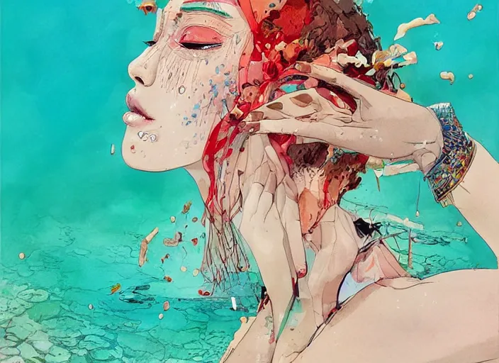 Prompt: lee jin - eun in luxurious dress emerging from turquoise water in egyptian pyramid city during an eclipse by conrad roset, m. k. kaluta, martine johanna, rule of thirds, elegant look, beautiful, chic, face anatomy, cute complexion, coherent symmetry