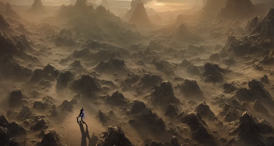 Image similar to a lonely necromancer kneeling on the sand of a mercyless desert, flickering air, hot sun from above, clouds in the sky, the feeling of dread and existential terror, style of peter mohrbacher, octane render, unreal engine, 8k high definition