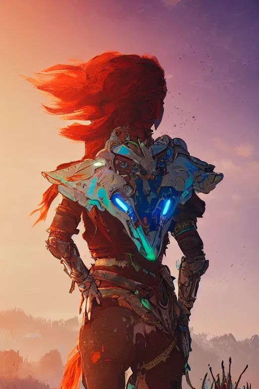 Image similar to combination suit armor aloy horizon forbidden west horizon zero dawn radiating a glowing aura global illumination ray tracing hdr fanart arstation by ian pesty and alena aenami artworks in 4 k tribal robot ninja mask helmet backpack