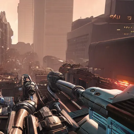 Image similar to 3 rd person game still of a sci - fi steampunk first person shooter game set in an overpopulated city scene with hundreds of fighting mechs, many npcs on the streets, night and bright sun, unreal engine 5