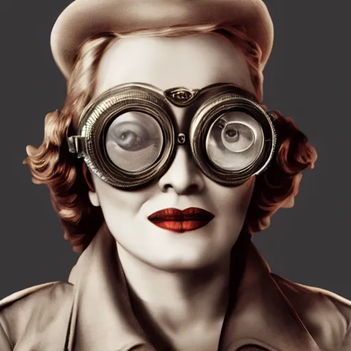 Prompt: portrait still of a young marlene dietrich wearing steampunk goggles, photorealistic, 4 k, octane render, by wayne barlow, alphonse mucha,