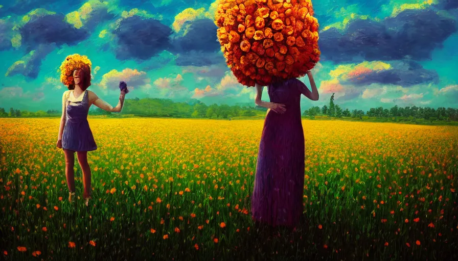 Prompt: girl with a giant flower head, surreal photography, dream, standing in flower field, hills, big trees, sunrise dramatic light, impressionist painting, colorful clouds, digital painting, pointillism, artstation, simon stalenhag, flower face