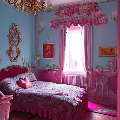 Prompt: a cozy bedroom transforming into a magical dream world, castle details, magic atmosphere, photographed by Petra Collins