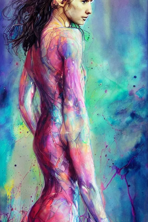 Image similar to gal gadot by agnes cecile enki bilal moebius, intricated details, 3 / 4 back view, full body portrait, extremely luminous bright design, pastel colours, drips, autumn lights