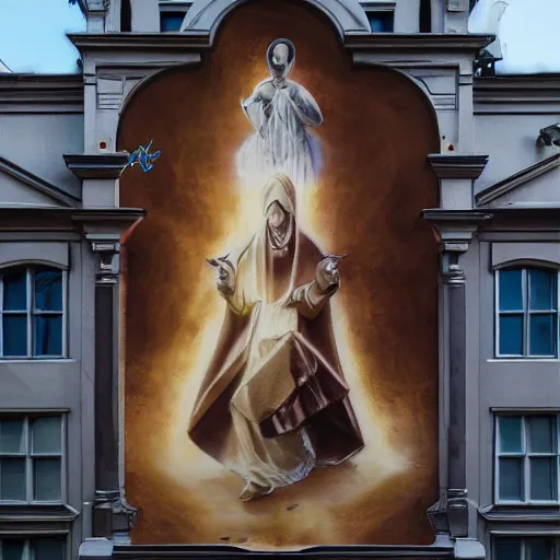 Image similar to ultra hyper realistic, public art, artstation, details, 8 k saint aloysius mural tagging, very clear picture, cinematic lightning, smooth, hdd, style of banksy