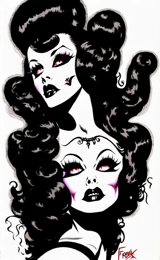 Prompt: looking up at goth girl, burlesque psychobilly, rockabilly, punk, white background, vector art, illustration by frank frazetta