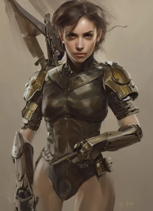 Image similar to a professional painting of a beautiful young female, clothed in military armor, olive skin, long dark hair, beautiful bone structure, symmetrical facial features, intricate, elegant, digital painting, concept art, smooth, sharp focus, illustration, from Metal Gear, by Ruan Jia and Mandy Jurgens and Artgerm and William-Adolphe Bouguerea